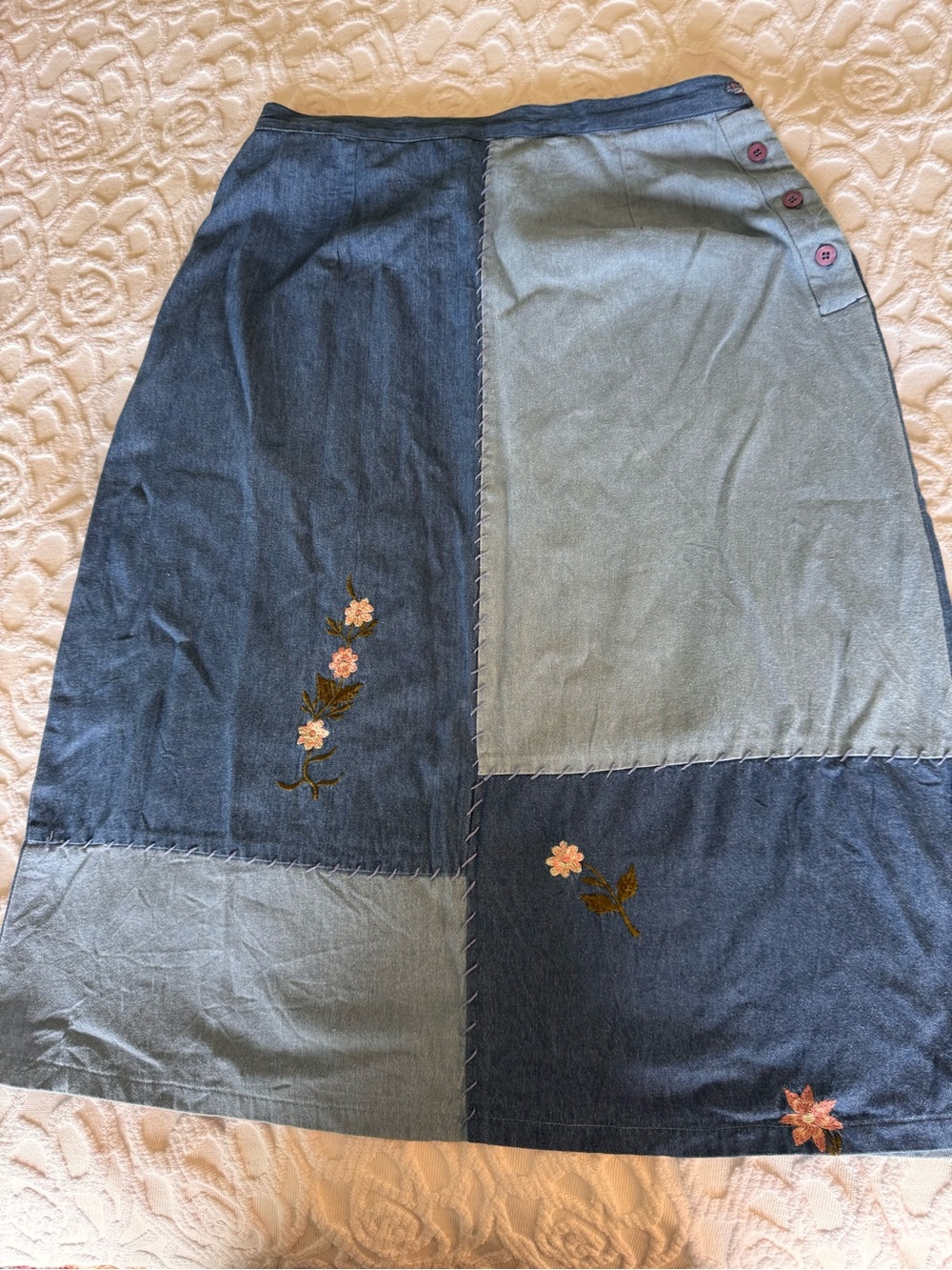 Vintage 90s Patchwork Denim Maxi Skirt 16 Floral Embroidered Boho
